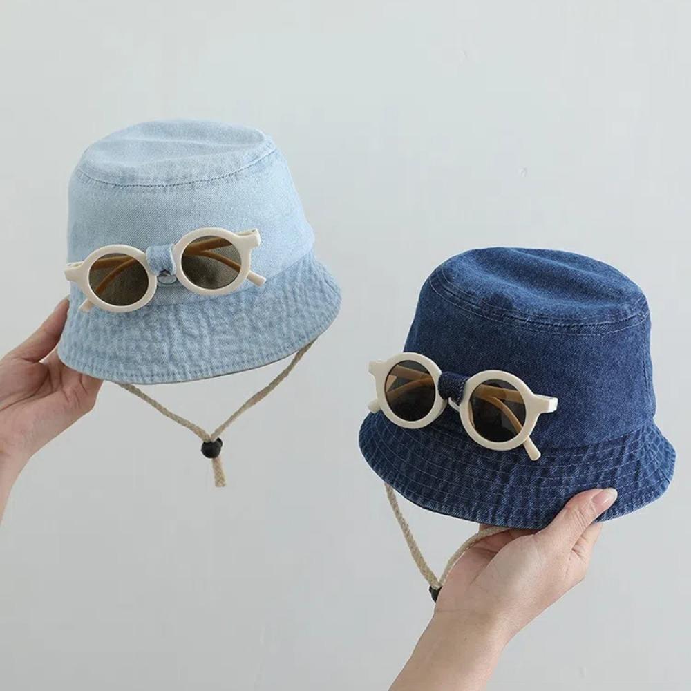 Solid Color Baby Hat With Sunglasses Spring Denim Bucket Hat Fisherman Hats For Kids 1-4 Year