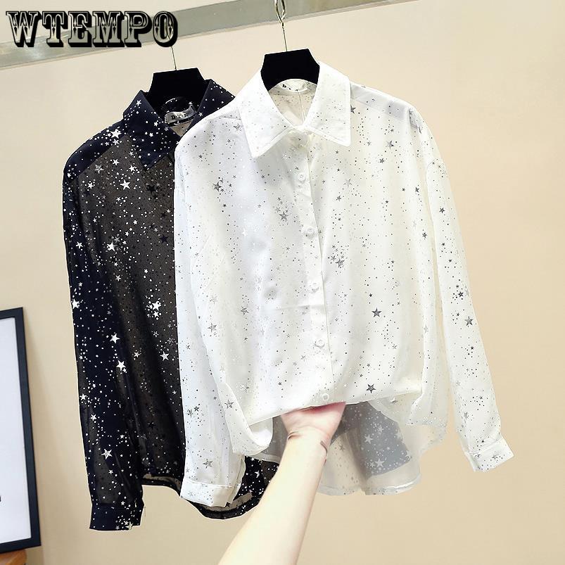Summer Korean Loose Sparkling Star Chiffon Shirt Women's Top Sun Resistant Long Sleeved Shirt