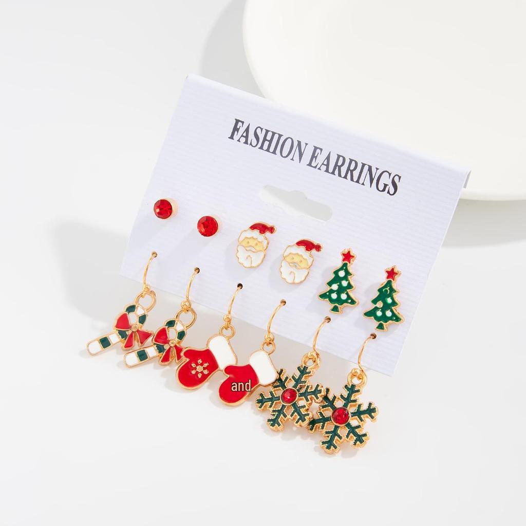 Christmas Reindeer & Santa Claus Stud Earring Set - Festive Cartoon Snowflake Bell Design for Women