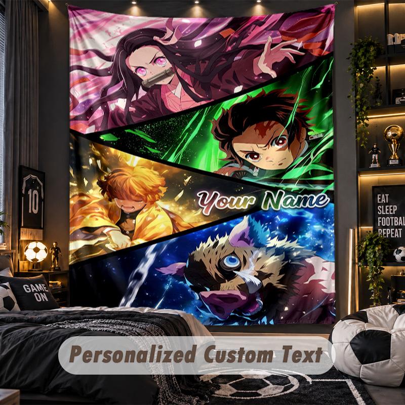 Personalized Wall Tapestry,Demon Slayer Custom Printed Name, Fabric Wall Art For Indoor Room Backdrop