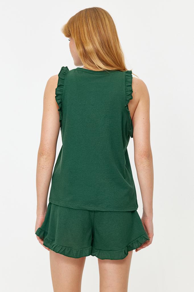 Women's Fashion New Pajama Set Emerald Green 100% Cotton Ruffle Detailed Tank Top-Shorts Knitted Pajama Set