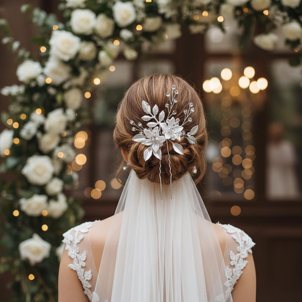 Bridal Wedding Hairpin White Flower Leaf Design Crystal U Pin For Elegant Hairstyles