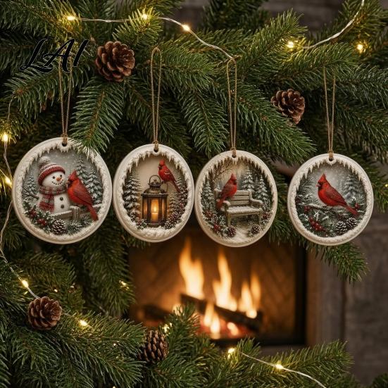 Snow Scene Xmas Decorations Acrylic Christmas Red Bird Ornament Pattern Tree Ornament Hanging Decor Retro Round Pendant for Winter Holiday
