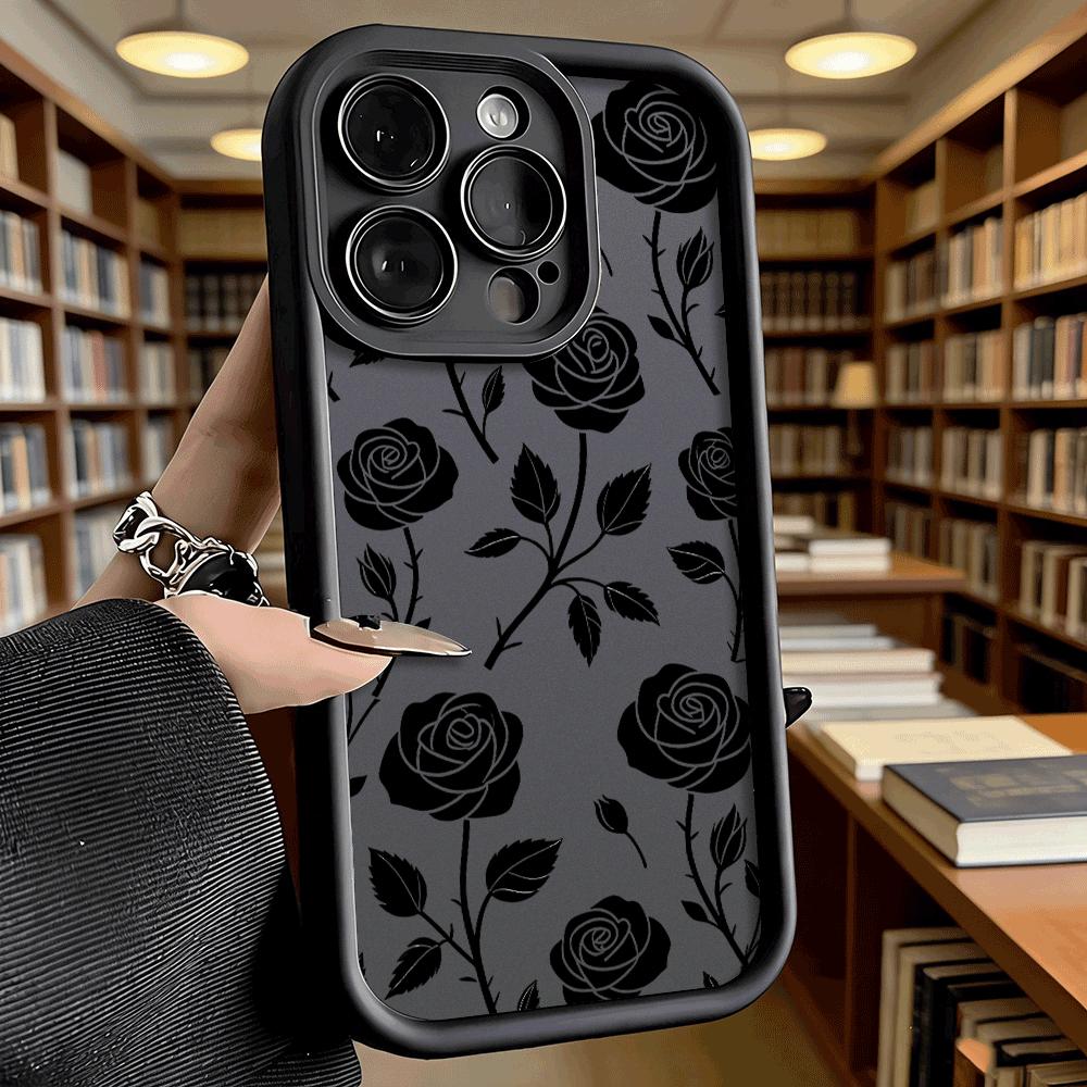 Black Rose Pattern Soft TPU Phone Case for iPhone 17 16 15 14 13 12 11 Pro Max Plus Shockproof Anti-Slip Cover