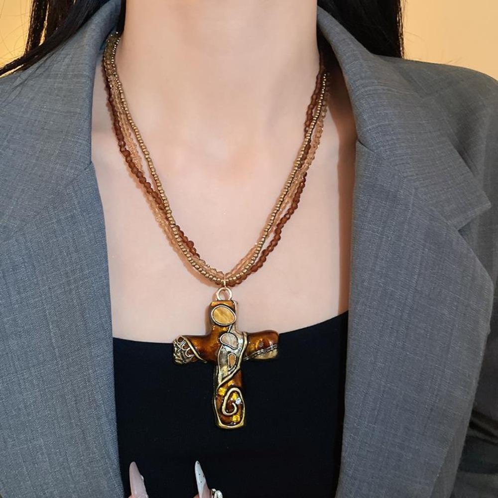Metal Pendant Beaded Chain Necklace Multicolor Sweater Necklace Punk Gothic Cross Necklace Travel