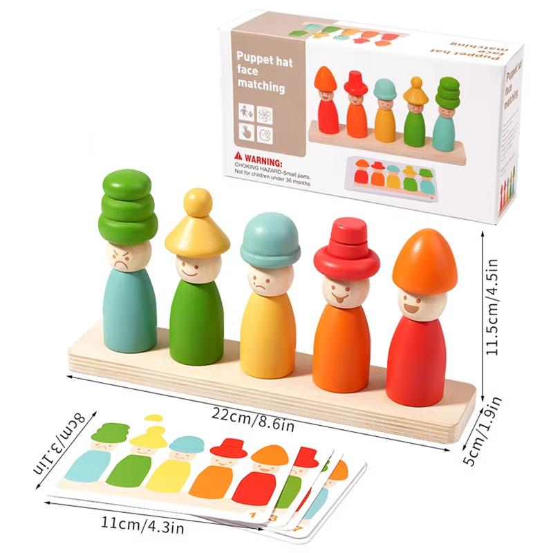 Kids Color Shape Stacked Matching Game Montessoris Wooden Toys Fine Motor Skills Puppet Hat Face Match Creative Educational Toys