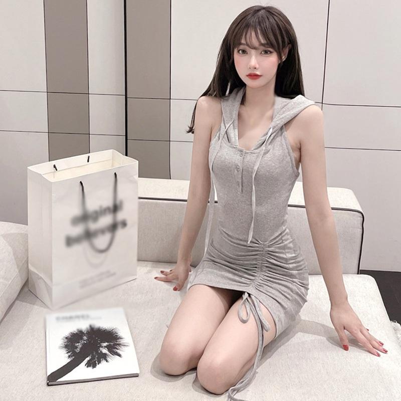 Женские однотонные облегающие спортивные платья без рукавов с капюшоном для отдыха