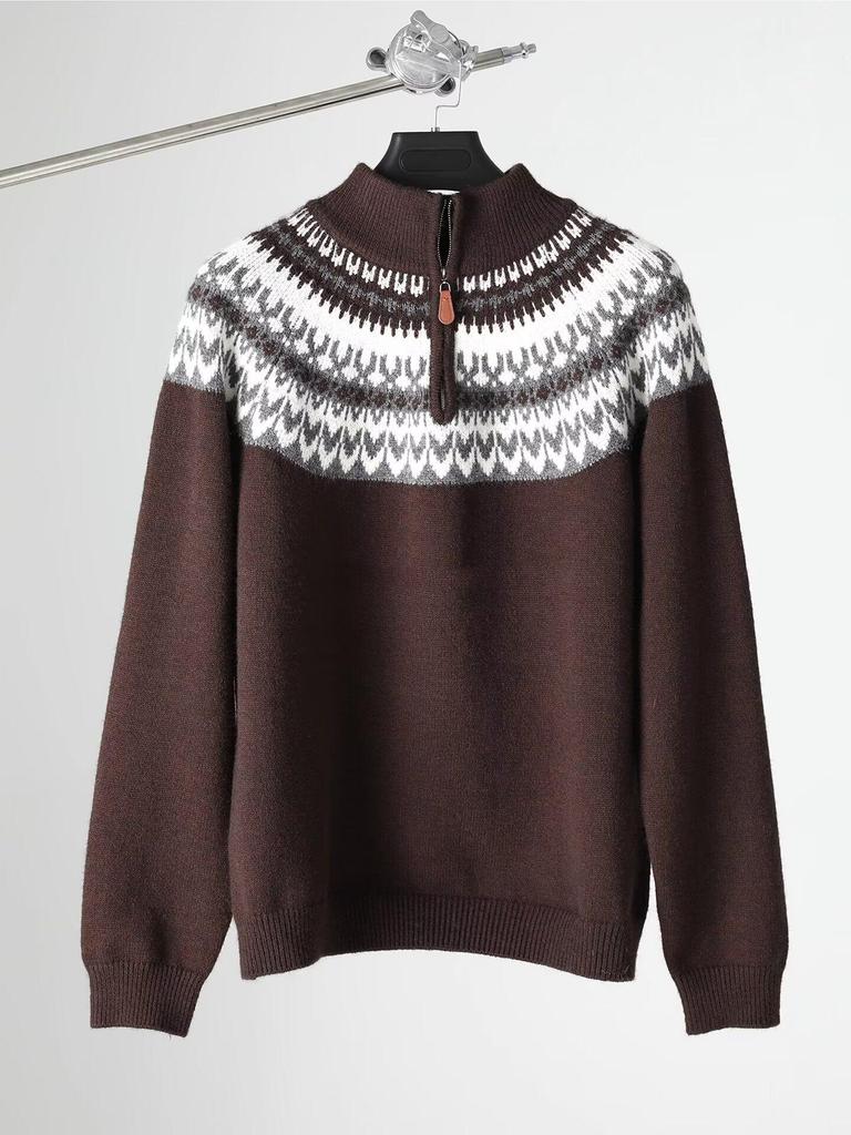 Мужской ретро вязаный свитер с жаккардовым узором и молнией на половину - Осенне-зимний стиль
