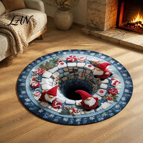 Decorative Indoor Room Rug Christmas Round Area Rug, 3D Optical Illusion Floor Mat with Santa Candy Cane Print, Non-Slip Stain Resistant Carpet