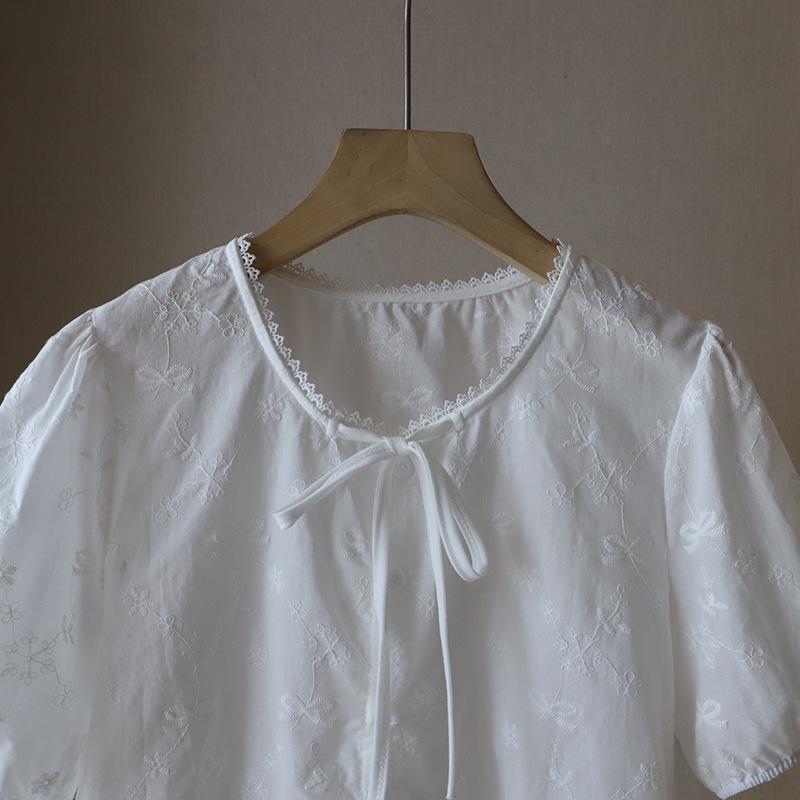 Корейская кружевная жаккардовая рубашка с рукавами-пузырями и завязками для женщин - Коллекция Лето 2025