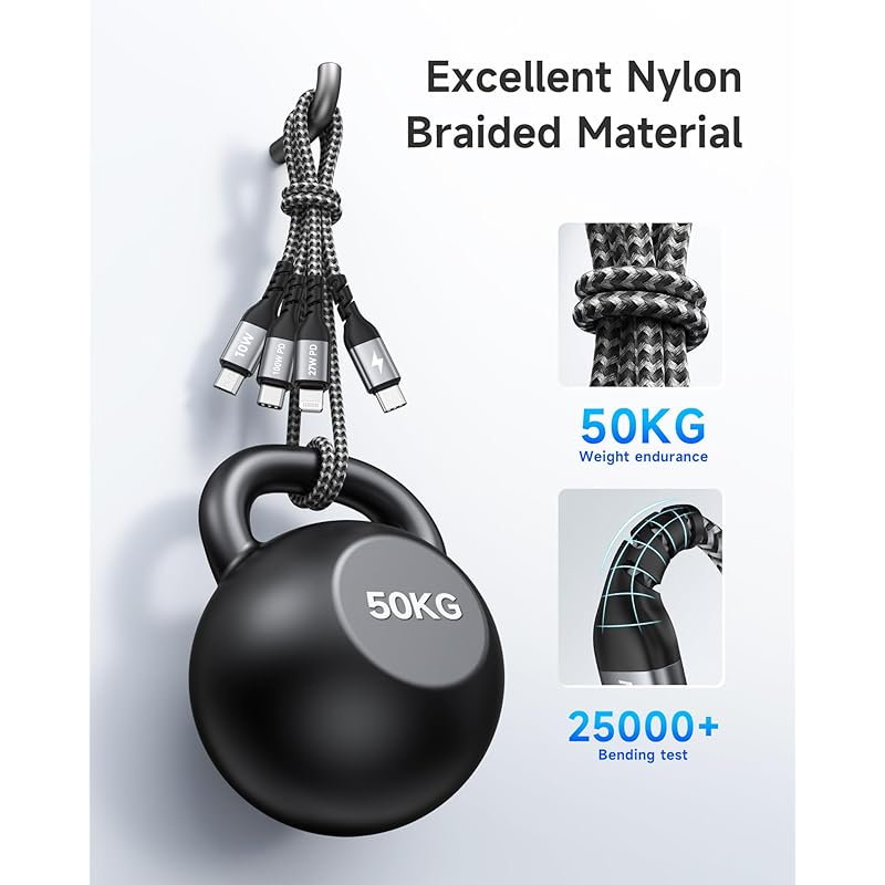 [100W]NINGKPOW 3in1 Charging Cable 1.2M Multi Type C PD 100W Fast Charging 3 In 1 Charging Cord Can Power 3 Units Simultaneously (100W) Lightning