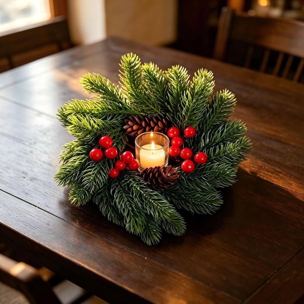 Pine Needle Christmas Wreath Candlestick Pinecone Red Berry Candle Wreaths Photography Props