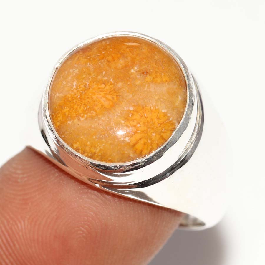 Man'S Round Fossil Coral Fine Finish 925 Silver Plated Ring US 8.5 Trendy Y0G94