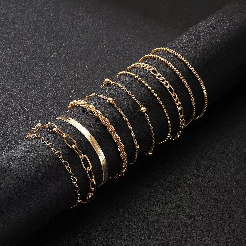 Fashion Flat Snake Chain Box Chain Bracelet Creative Heart-shaped Chain Twisted Chain Stacked Bracelet Set Women's Daily Jewelry
