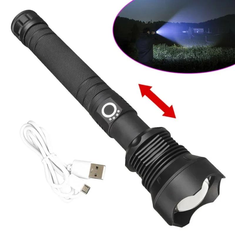 Тактический фонарь XHP90/XHP70 LED, перезаряжаемый через USB, с зумом, 5 режимов, фонарик, использует батарею 26650, водонепроницаемый ручной фонарь