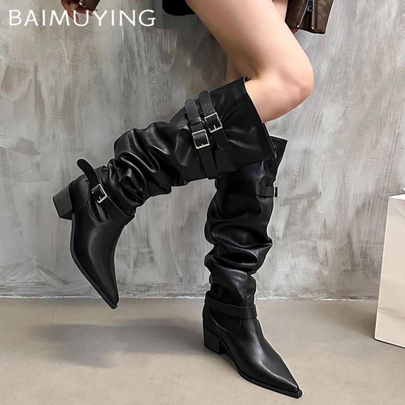 Массивные женские высокие сапоги из кожи с острым носком на среднем каблуке, модные дизайнерские туфли-лодочки с пряжкой 2025 года, готические зимние ботинки длиной до колена