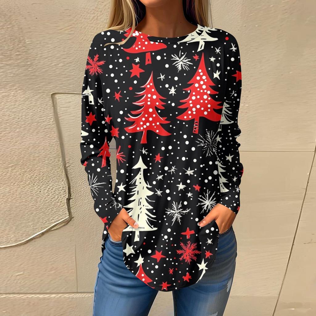 Футболки для женщин, осенние повседневные рубашки с длинным рукавом, толстовки с винтажным графическим принтом, топы, пуловеры, рождественские