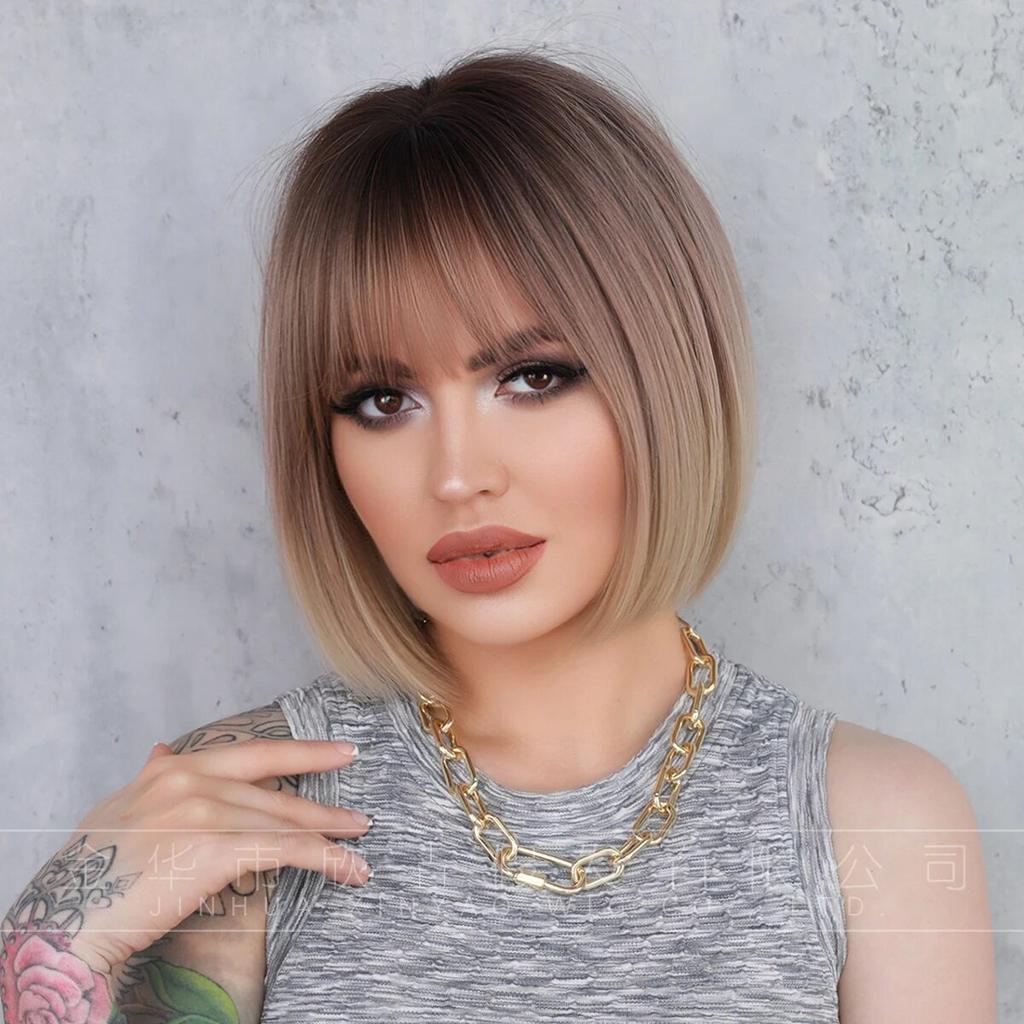 Черный с белым парики Боб с челкой Короткие прямые парики для женщин Основные моменты Парик Косплей Вечеринка Blackpink Корейский парик