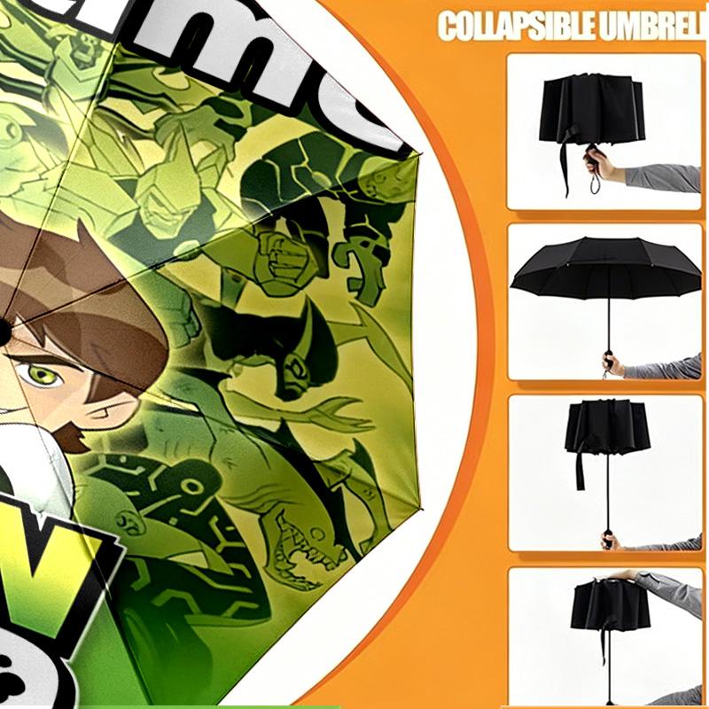 Custom Name Personalized Ben 10 Cartoon Print Umbrella, Auto Open Close, 8‑Rib Sturdy Frame, Commute Camping Hiking Use, Birthday Gift
