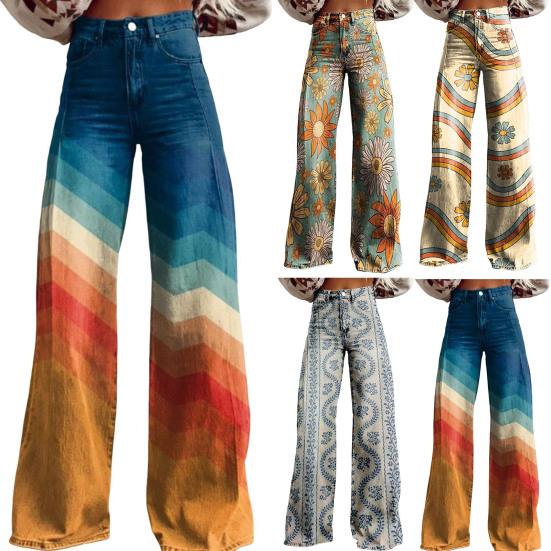 Women Casual Trousers Colorful 3D Floral Printing Flared Leg High Waist Plus Size Jeans Button Zipper Closure with Pockets Lojng Pants for Dating