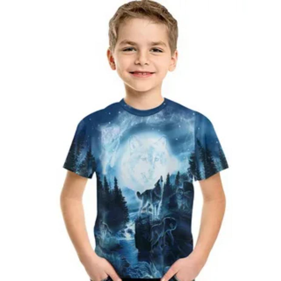 Животные Детские футболки Топы с круглым вырезом Полиэстер Повседневная Спортивная одежда Удобные футболки Лев Волк Короткий рукав 3D-принт Футболка