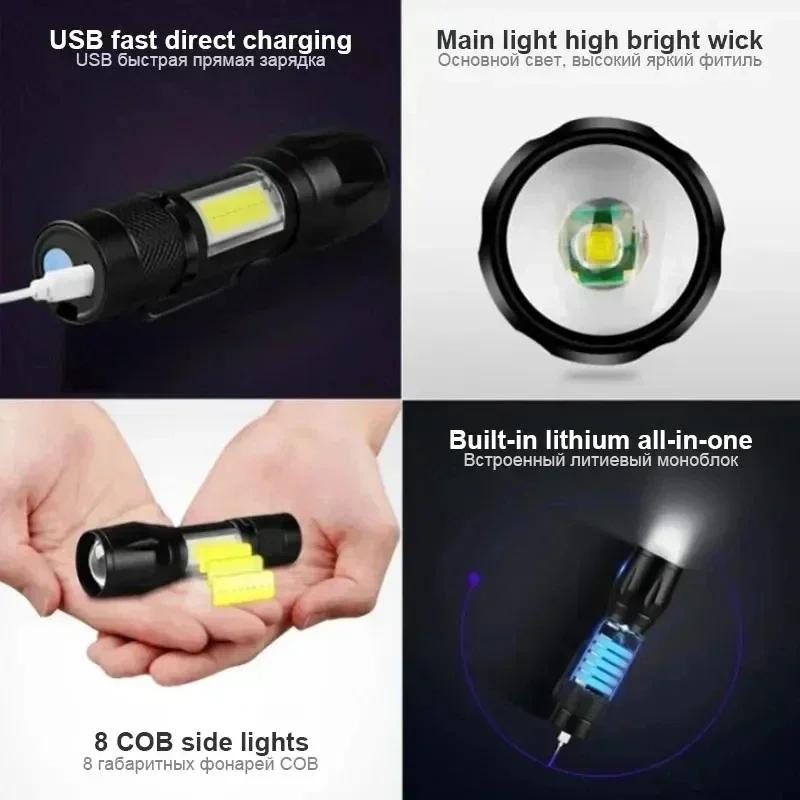USB Мини-фонарик с подзарядкой COB+XPE LED, с зумом, встроенный аккумулятор, 3 режима освещения, для улицы, кемпинга, аварийный фонарь