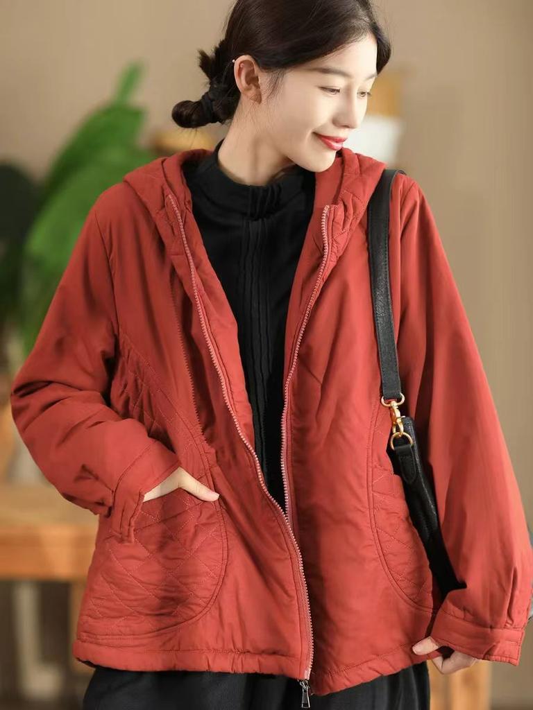 Johnature Женские винтажные куртки с капюшоном на молнии, однотонные, зимние, пэчворк, с карманами, повседневные, теплые куртки, пальто