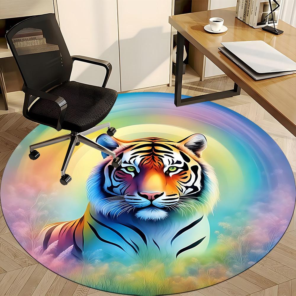 1pc Rainbow Tiger Print Chair Carpet for Office, Round Polyester Mat, Indoor Decor for Office, Washable Non-slip Carpet yy251219067