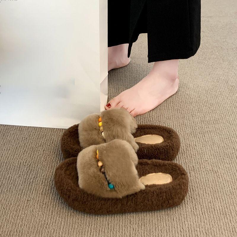 Beaded Warm One-word Cotton Slippers Thick-soled Heightening Fluffy Slippers Women's Outer Wear 2025 Autumn and Winter New Fashion Versatile