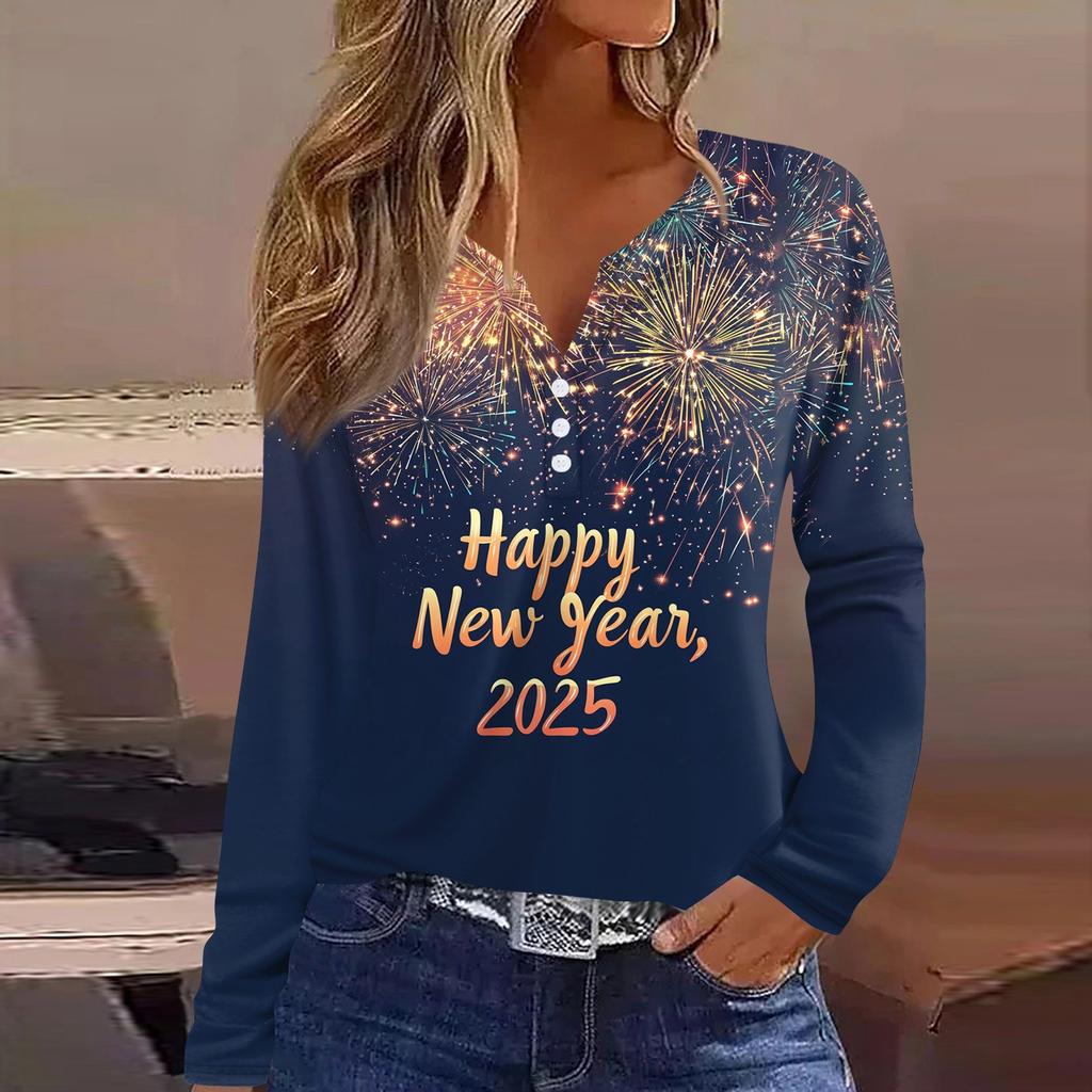 Жен. Футболка Футболка С принтом Пуговицы Длинный рукав Повседневные Выходные Мода Классический V-образный вырез Обычный Верх