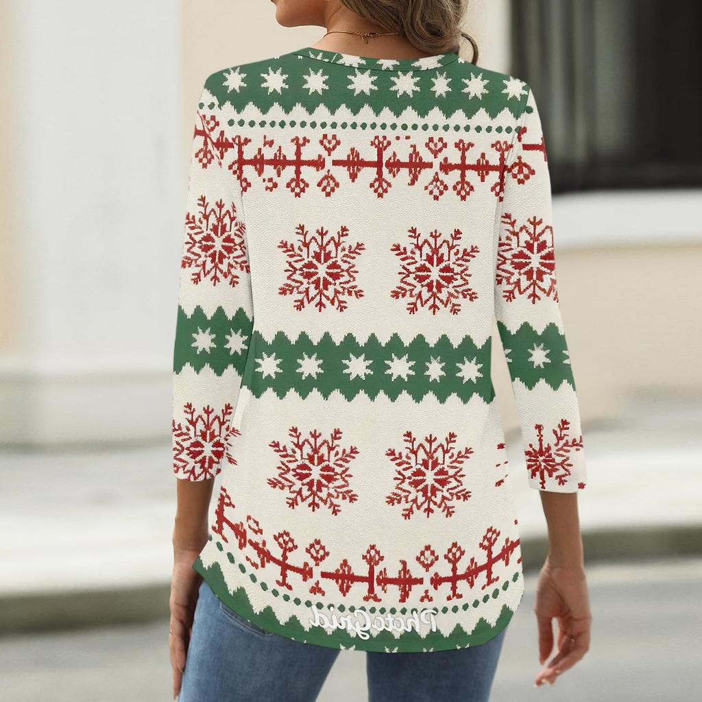 Женская повседневная рождественская футболка с V-образным вырезом, рукавом три четверти и пуговицами, праздничный топ
