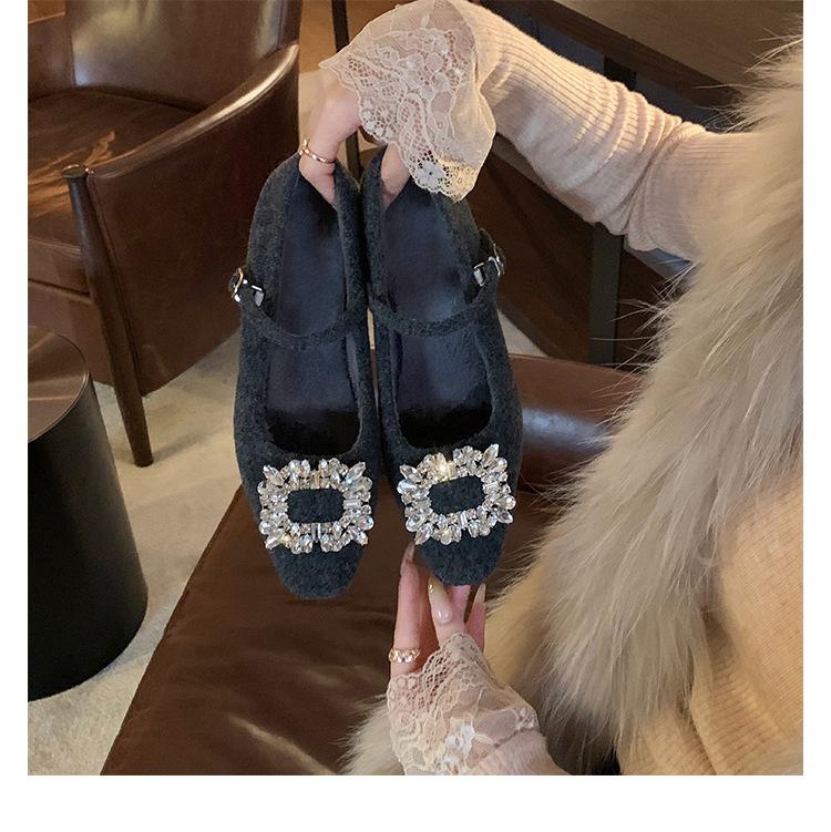 Wool Version~ Diamond Buckle Small Square Head with Woolen Thick Heel Mary Jane Single Shoes Women's Leather Small Heels Ladyshoes