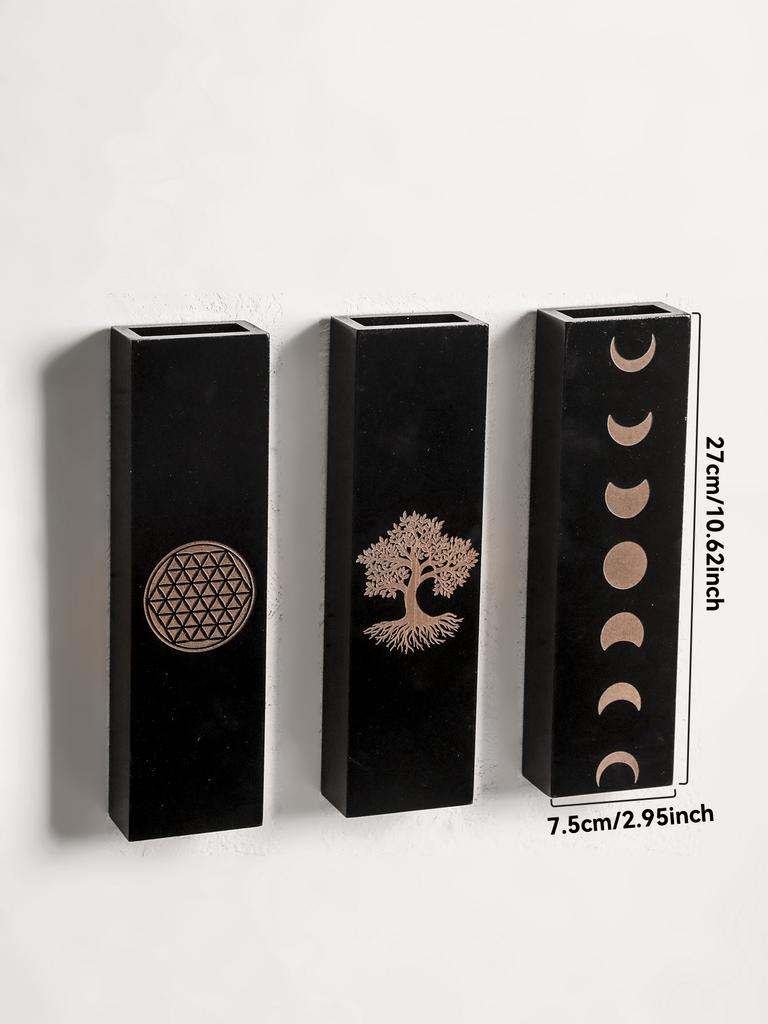 Boho Wall-Mounted Vase Black Wooden Planter with Moon Phase, Tree of Life & Flower of Life Design Home Decor Wall Hanging Gifts