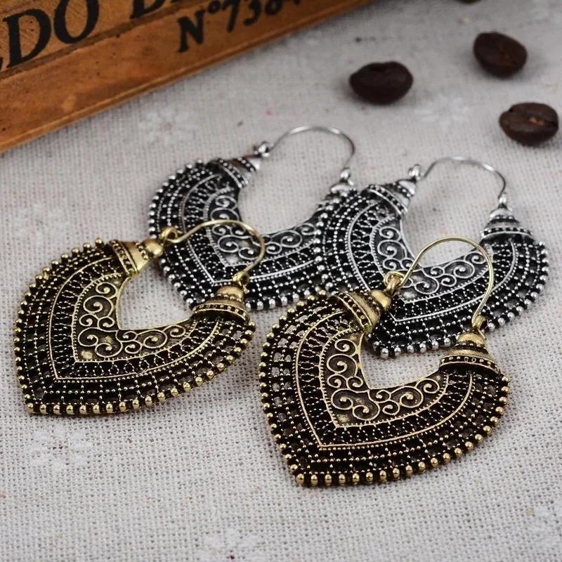 Women Vintage Hollow Heart Dangle Earrings Antique Color Female Drop Earrings Ethnic Ear Jewelry Party Gift Pendiente Jewelry