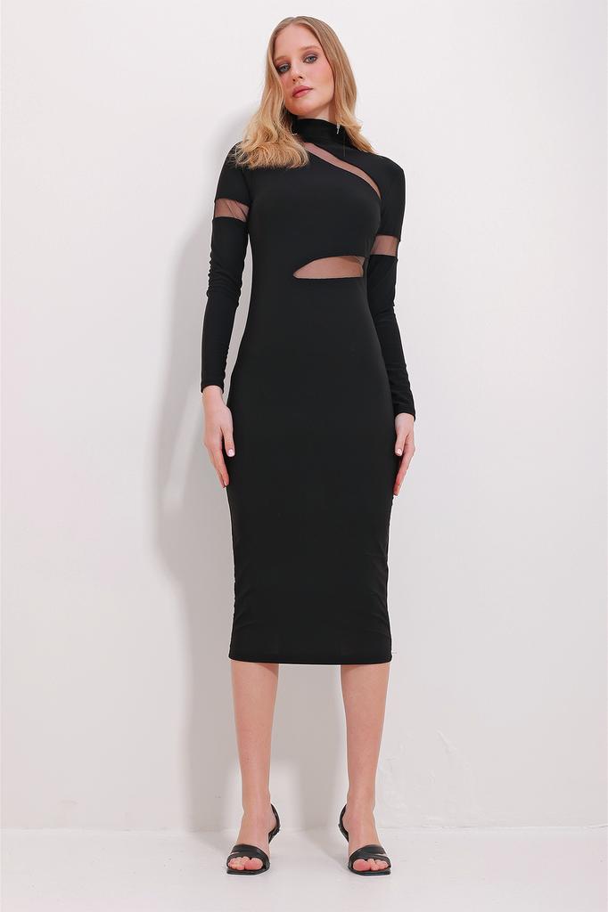 Women's Dress New Season Fashion Black High Collar Tulle Detailed Midi Dress