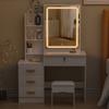 Vanity Desk with LED Lighted Mirror Makeup Mirror, Table 4 Drawers and Opening Shelves, Bedroom Dressing Stool