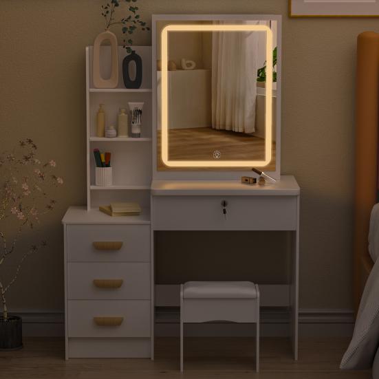 Vanity Desk with LED Lighted Mirror Makeup Mirror, Table 4 Drawers and Opening Shelves, Bedroom Dressing Stool