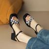 French Retro Small Fragrant Style Color Matching High Heel Open-Toed Thousand Bird Grid Thick Heel Roman Sandals Women'S Shoes Summer