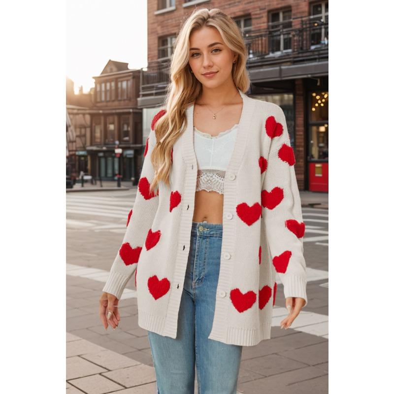 Autumn and Winter Women's Plus Size Sweater Valentine's Day Love Knitted Cardigan V-Neck Button Mid-Length Jacket