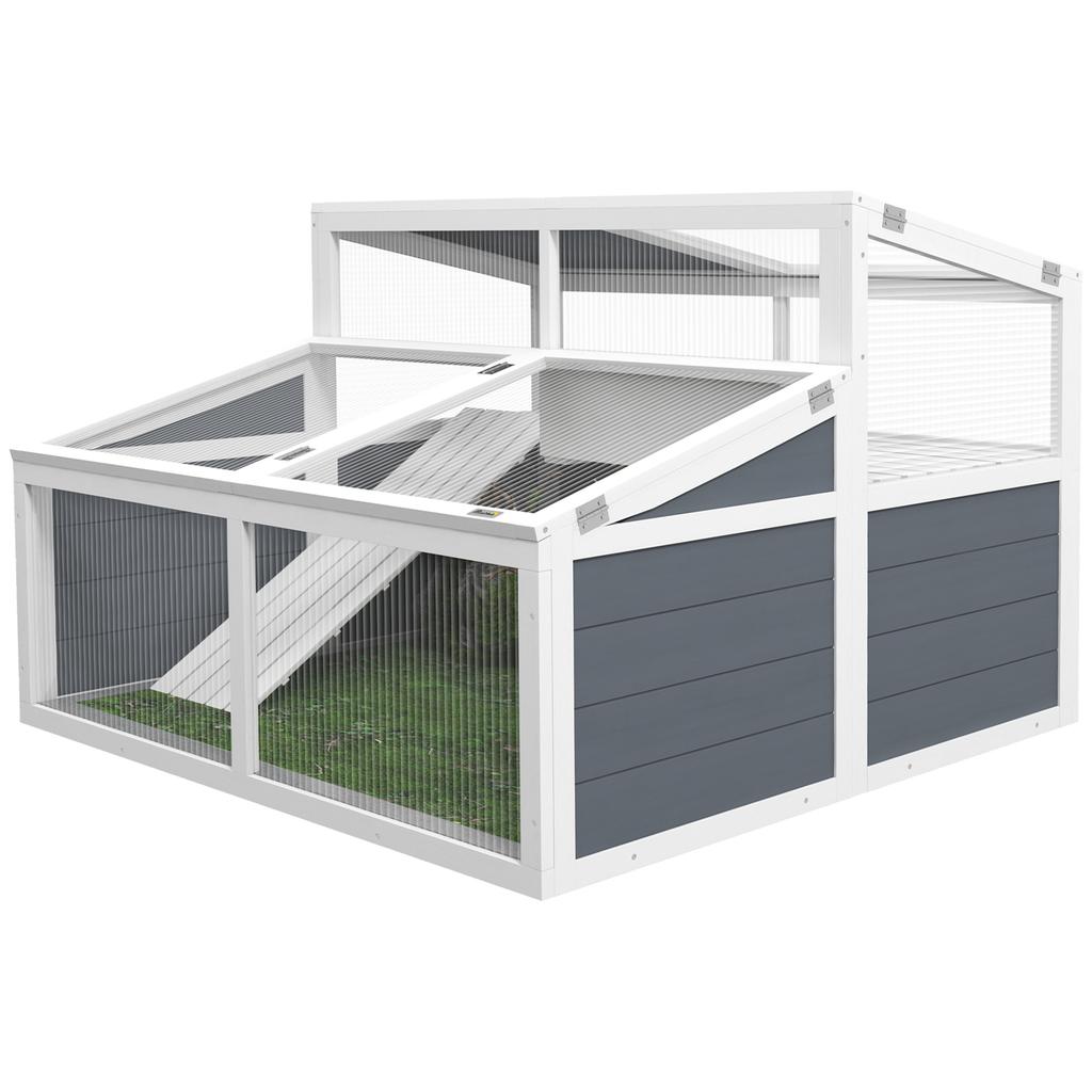 Maison Enclos Cage For Small Animal Tortue With 2 Spaces Polycarbonate Roof 3 Doors Ramp 115 X 115 X 82 Cm Gris