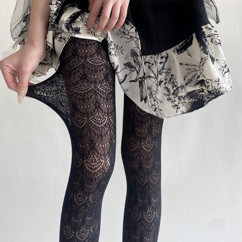 Женские Элегантные Ажурные Однотонные Колготки Чулки Японский Стиль Винтажный Цветочный Жаккардовый Сетчатый Трикотаж Леггинсы