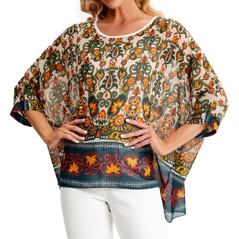 Женская свободная шифоновая летняя блузка-туника с цветочным принтом в стиле бохо, пляжные накидки