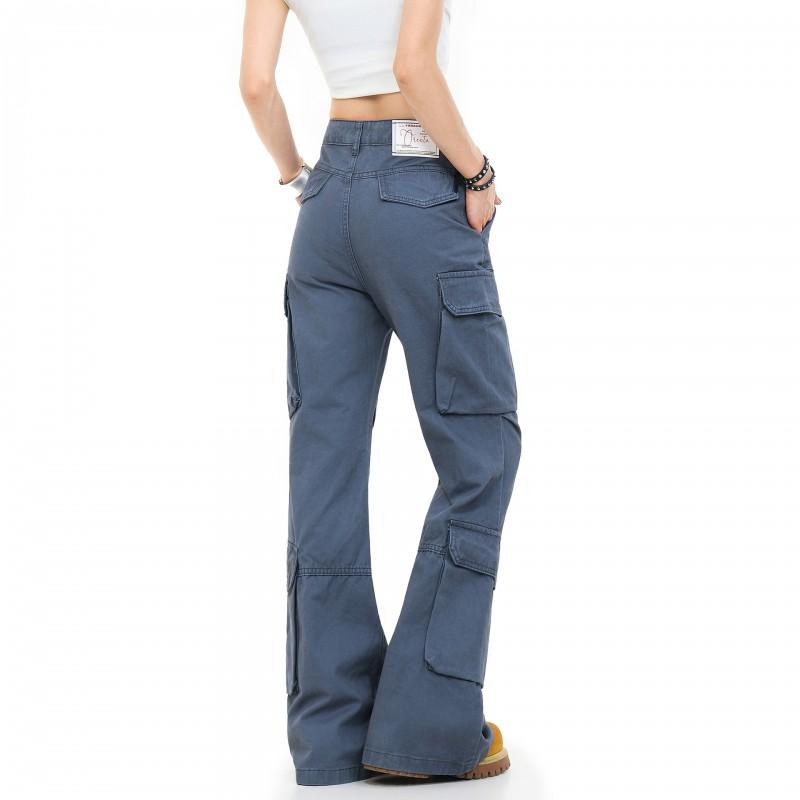OREETA Y2K Streetwear Cargo Pants Unisex Slim Fit Flared Trousers With Multiple Pockets Cotton Long