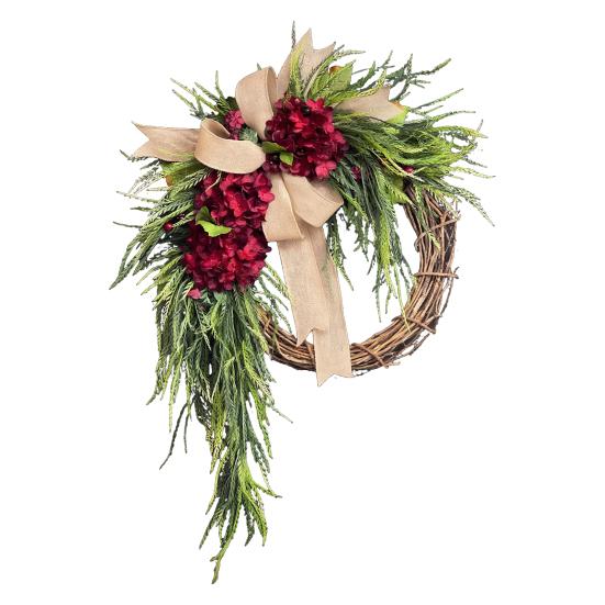 Artificial Hydrangea Wreath for Front Door 16 Inch Lifelike Floral Wreath with Burlap Bow for Door Wall Wedding Party Home Farmhouse Decoration