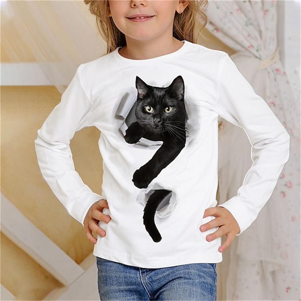 Girl Clothes Casual 3D Cat Graphic T Shirts Long Sleeve Tshirts Round Neck White T-Shirt Fashion Tops Outdoor Clothing for Girls