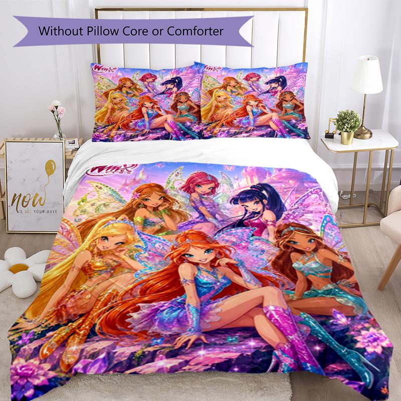 3 шт. Комплект постельного белья Winx Club Застежка на пододеяльнике Включает 1 пододеяльник и 2 наволочки, Мягкий и удобный для всех сезонов.
