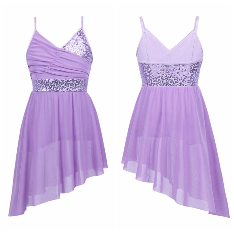 Балетное трико с блестками для девочек, лирическое современное танцевальное платье, нерегулярное платье с высоким и низким вырезом