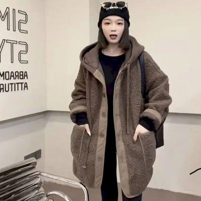 Пальто из кашемира ягненка женское осенне-зимнее модное лоскутное поддельное двойка худи толстовка свободное подходящее шерстяное пальто однотонное