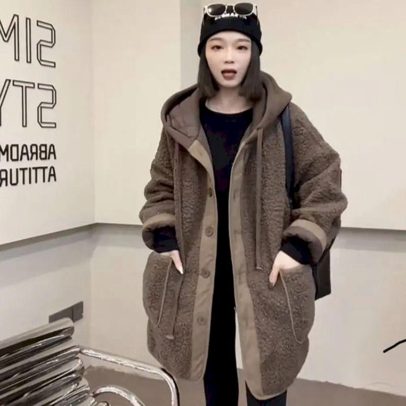 Lamb Cashmere Coat Female Autumn Winter Fashion Patchwork Fake Two Hoodie Hoodie Loose Matching Woolen Coat Solid Color