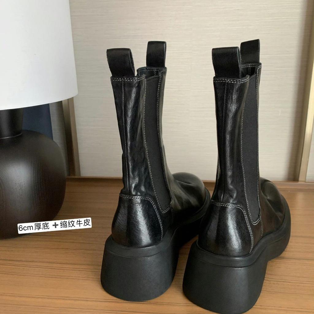 British Folded Leather Platform Martin Boots Women'S High Heel Medium Boots Smoke Boots Chelsea Short Boots